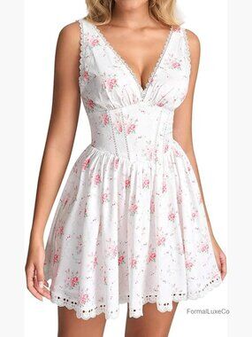 Floral Corset Mini Dress V Neck Lace Up Back Graduation Dress